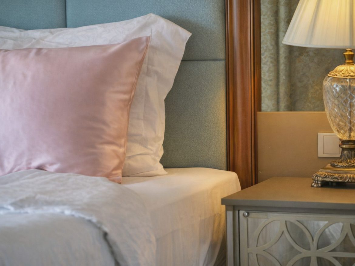 Seng med silkehovedpude og klassisk natlampe i et roligt soveværelse.